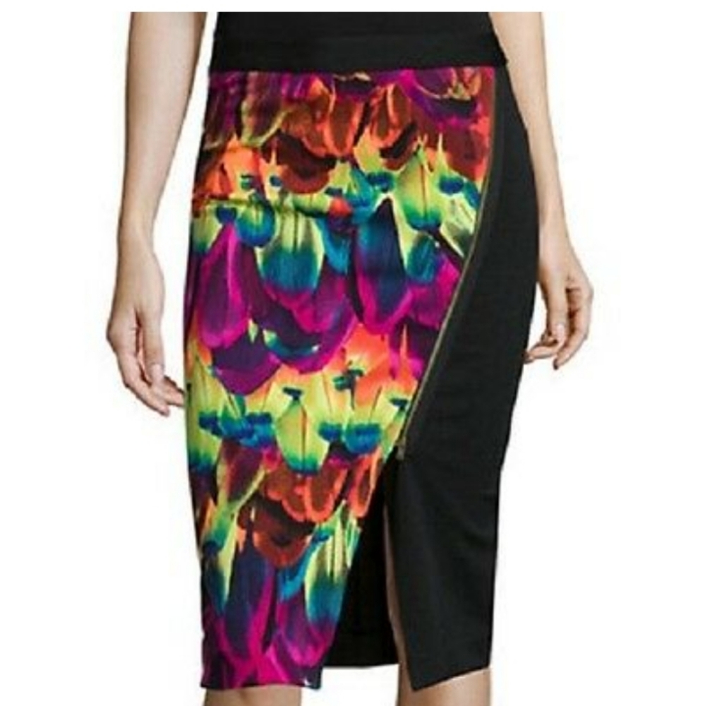 Worthington Marcella Allover Multicolor Rainbow Feather Print Pencil Skirt 